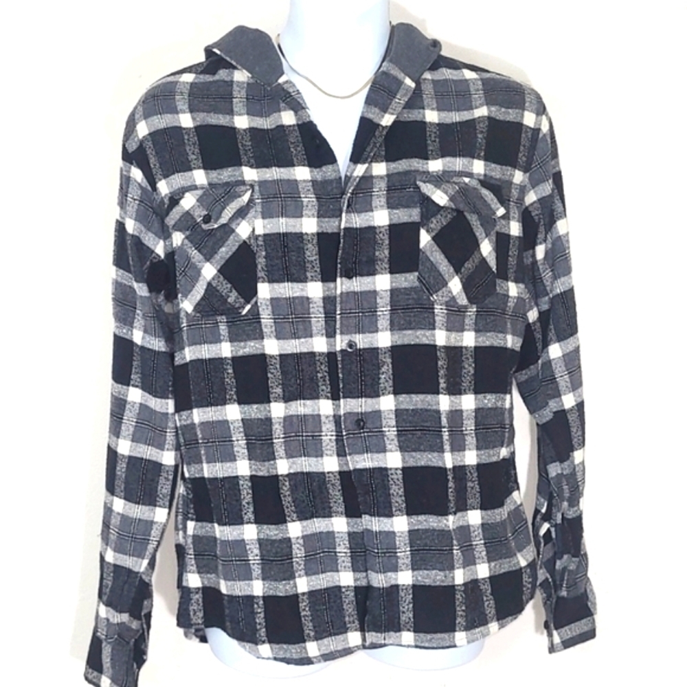 Blue Gear Flannel Hoodie Shirt button-down Plaid Shacket Long sleeve XL